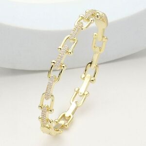 Gold CZ HorseShoe Buckle Chain Link Rhinestone Hinged Bangle Bracelet Jewelry
